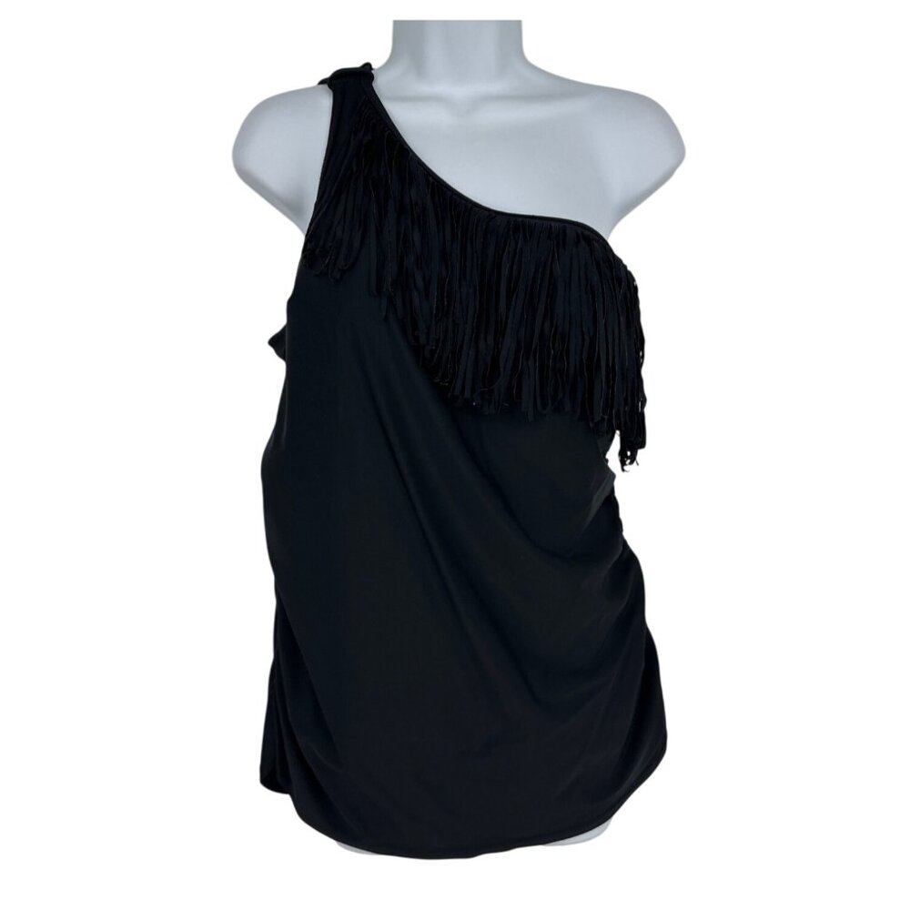 One-Shoulder Black Fringe Swimsuit By Cacique Size 18